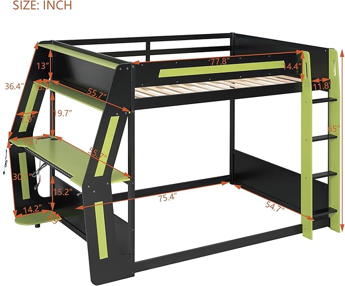Gaming Bunk Bed Full Size with Desk & Charging Station & RGB Light Strip & Storage Shelves,Wooden Full Bunk Bed Frame with Safety Guardrails,Ladder and Under-Bed Space for Adults Teens Bedroom,Green