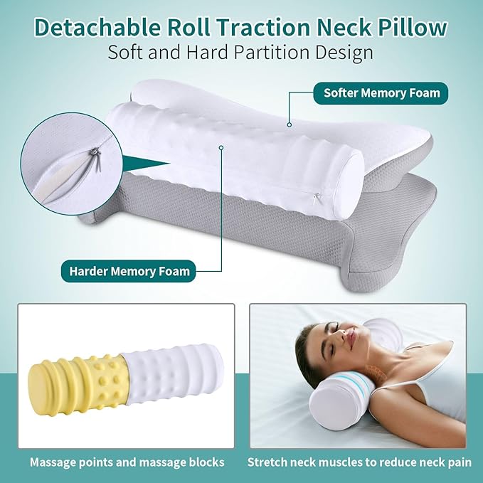 Cervical Neck Pillow - Ergonomic Memory Foam Contour Pillows for Side, Back & Stomach Sleepers, Cervical Pillow for Neck Support Sleeping with Breathable Cover
