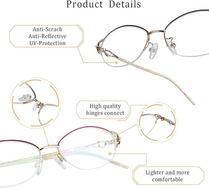 LifeArt Alloy Semi-Rimless Reading Glasses,Blue Light Blocking Glasses, Anti Eyestrain, Computer Gaming Glasses, TV Glasses for Women Men, Anti Glare (Red Gold, +3.75 Magnification)