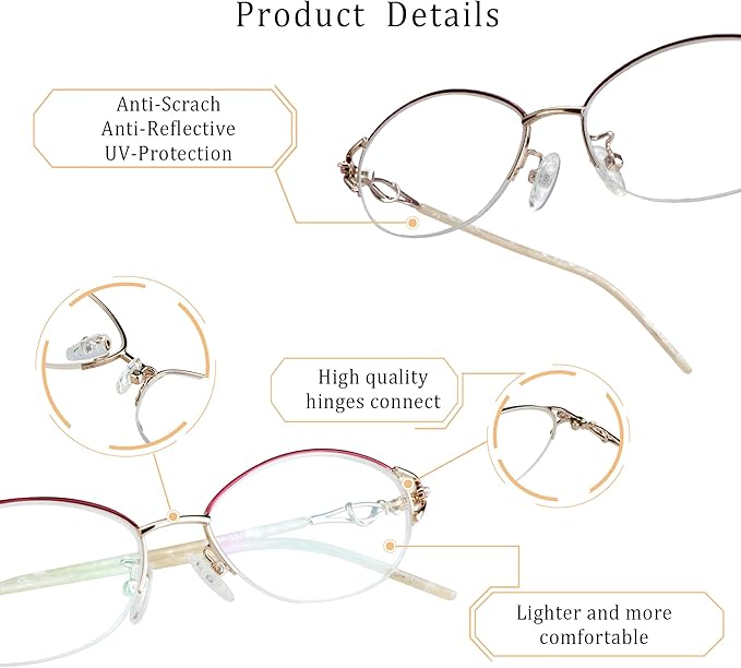 LifeArt Alloy Semi-Rimless Reading Glasses,Blue Light Blocking Glasses, Anti Eyestrain, Computer Gaming Glasses, TV Glasses for Women Men, Anti Glare (Red Gold, +3.50 Magnification)