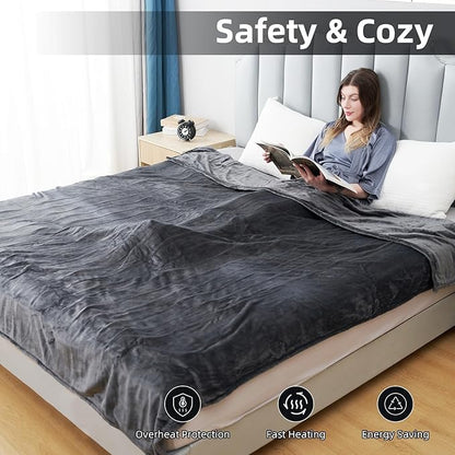 Electric Heated Blanket Throw Size 50"x60", Fast Heating Throw, Soft Microplush for Sofa & Office,6 Heating Levels & 1-10 Hours Auto Off, Machine Washable, Gifts for Family-Dark Gray