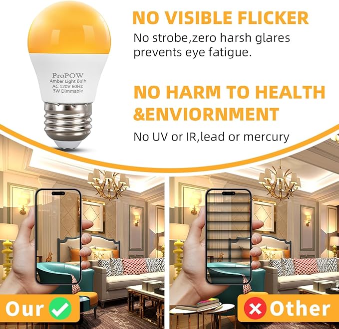 1800K Amber Sleep Light Bulbs - Blue Light Blocking, Dimmable A15 E26 LED Bulbs (3W, 25W Eqv) for Healthy Sleep, Bedroom & Nursery, 4 Pack