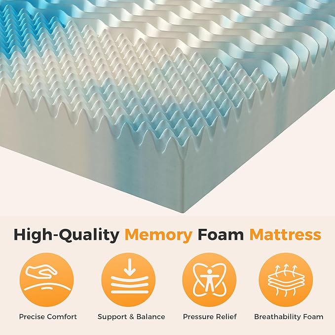NEWBULIG Full Memory Foam Mattress Topper, 4 Inch 5-Zone Egg Crate Foam Mattress Topper Pad, Cooling Gel Infused Bed Toppers for Pressure Relief, CertiPUR-US Certified, Blue