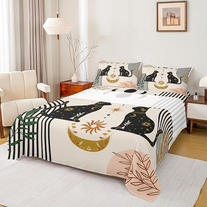 Cute Cat Silhouettes Sheet Full,Sun Moon Trippy Bedding Set for Kids Teens Adults,Floral Leaves Animal Creative Colorful Bed Sheet Set 4pcs with Deep Pocket Fitted Sheet + Flat Sheet +2 Pillowcases