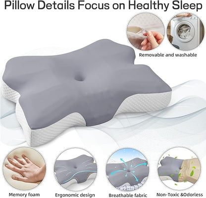 Cervical Neck Pillow for Pain Relief, Ergonomic Neck Support Pillow for Side Sleeper, Contour Memory Foam Pillows with Cooling Pillowcase Orthopedic Bed Pillow for Back Stomach Sleepers, Grey