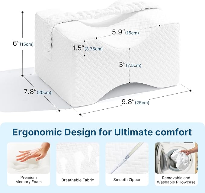 Knee Pillow for Side Sleepers-Memory Foam Leg Pillow for Between Legs-Sciatica,Hip&Back Pain Relief,Spinal Alignment Leg Cushion,White