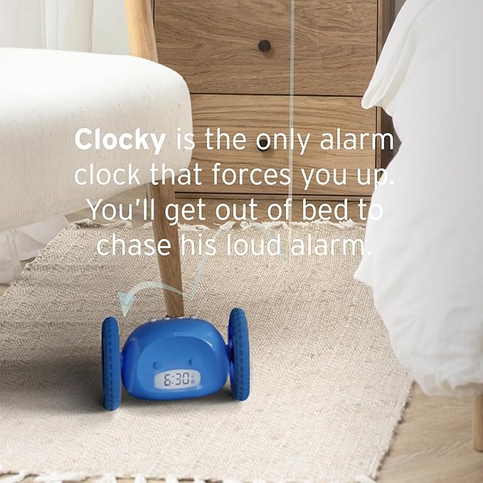 CLOCKY Alarm Clock on Wheels – Loud Rolling Alarm Clock for Heavy Sleepers | Runaway Clock That Jumps & Runs to Wake You Up | Funny Unique Gift for Adults, Teens & Kids Bedrooms (Blue)