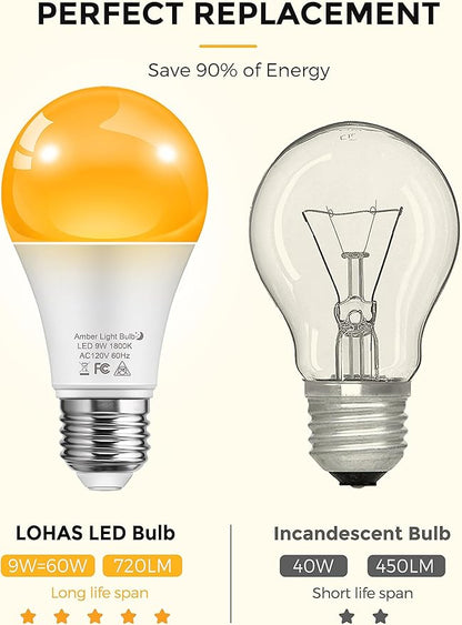 L LOHAS LED Sleep aid Amber Light Bulbs, Blue Light Blocking, A19 9W(60 Watt Equivalent) Dim Light Bulbs, 1800K Warm Light Bulb, E26 Base, 4 Pack