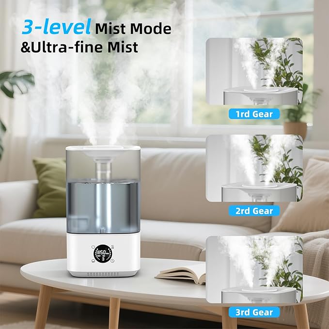 6L Humidifier for Bedroom Large Room Home, 800ft² Wide Coverage, 26dB Quiet,Easy Top Fill, Quickly & Evenly Humidify, Real-Time Humidity Monitoring and Anti-dry Burn, White