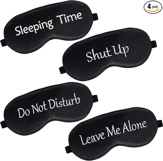 Geyoga 4 Pieces Funny Eye Mask for Sleep Soft Satin Eye Mask Blackout Blindfold with Adjustable Strap Silk Cover Out Lights for Women Men Travel, Nap, Meditation (Black with Black Words)