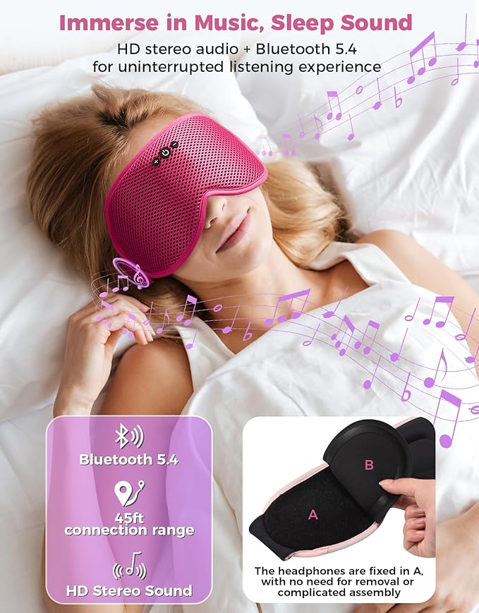 Sleep Mask with Bluetooth Headphones, Removable 3D Contoured Cup, Wireless Eye Mask for Sleep, Sleeping Headphones with Thin Stereo Speakers for Men, Women, Travel, Relaxation - Rose Red