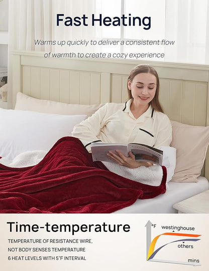 Westinghouse Electric Blanket with Foot Pocket for Adults, Ultra Soft Flannel to Sherpa Heated Throw with 6 Heating Levels & 2-10 Hours Time Settings, Fast Heating & Machine Washable, 50x62, Burgundy
