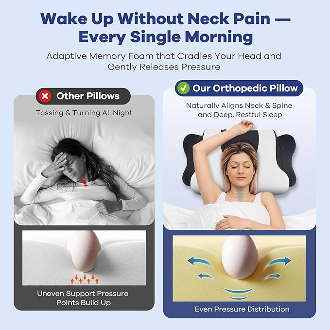 DONAMA Cervical Neck Pillow for Pain Relief, Orthopedic Contour Neck Pillow with Memory Foam Ergonomic Pillows with Dual Heights for Back, Stomach and Side Sleepers (Black, 26"×15")