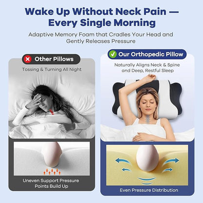 DONAMA Cervical Neck Pillow for Pain Relief, Orthopedic Contour Neck Pillow with Memory Foam Ergonomic Pillows with Dual Heights for Back, Stomach and Side Sleepers (Dark Black)