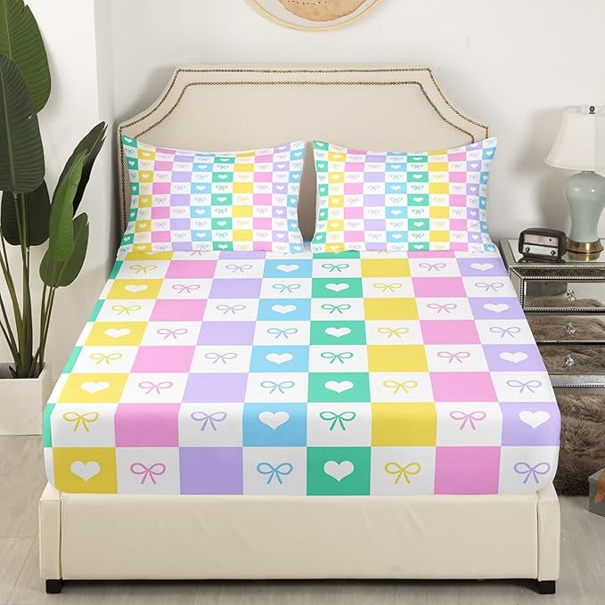 Princess Bowknot Fitted Sheet Queen Size,Colorful Plaids Grids Patchwork Soft Bed Cover(1 Fitted Sheet+1 Pillow Case),Dreamy Bow-tie Love Hearts Cartoon Kawaii Breathable Mattress Cover