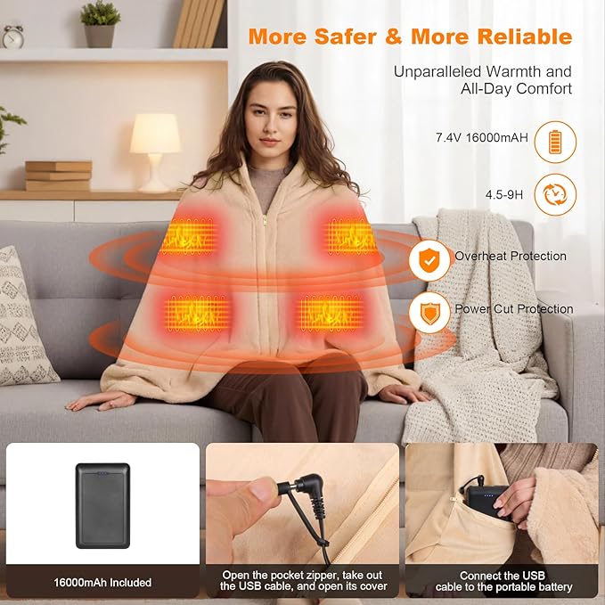 16000mAh Heated Blanket Battery Operated Soft Cordless Heated Blanket Shawl Portable Heated Throw Blanket Poncho Wraps Fast Heating with 3 Heat Levels 6 Heating Zones