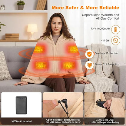 16000mAh Heated Blanket Battery Operated Soft Cordless Heated Blanket Shawl Portable Heated Throw Blanket Poncho Wraps Fast Heating with 3 Heat Levels 6 Heating Zones