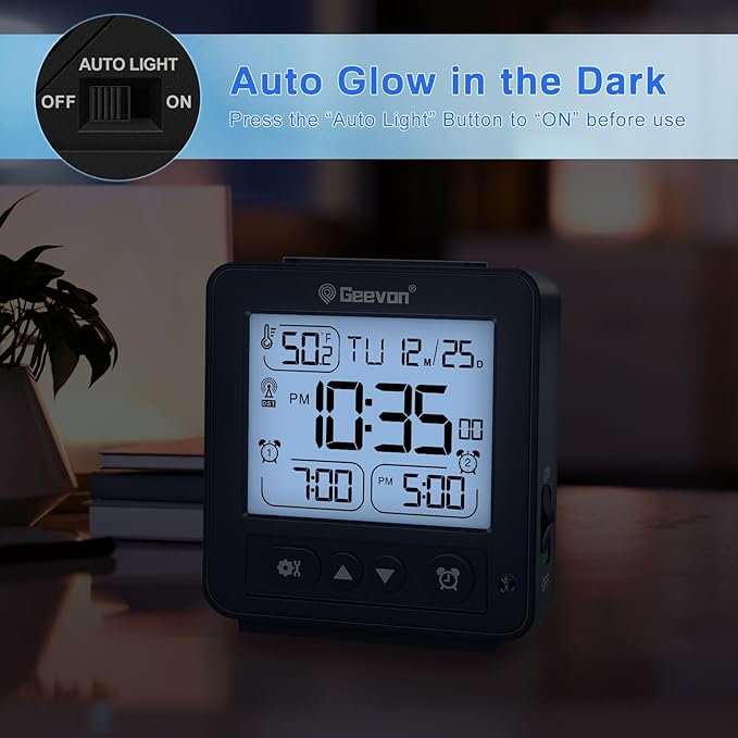 Geevon Small Digital Alarm Clock for Heavy Sleepers, Portable Travel Atomic Clock with Battery Powered, Compact Desk Table Clock with Auto Light Night, Dual Alarms, 8s Backlight for Bedroom, Black