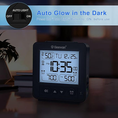 Geevon Small Digital Alarm Clock for Heavy Sleepers, Portable Travel Atomic Clock with Battery Powered, Compact Desk Table Clock with Auto Light Night, Dual Alarms, 8s Backlight for Bedroom, Black