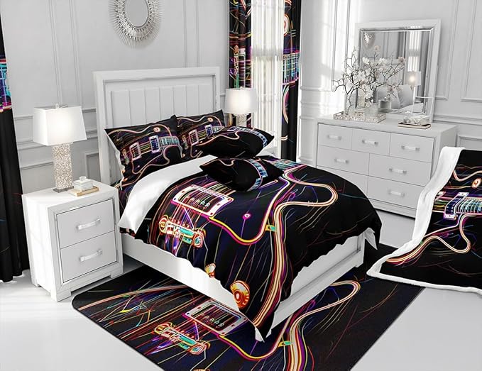 Manfei Guitar Kids Sheet Set Queen Size, Rock Music Theme Bedding Set for Boys Girls Teens Bedroom Decor, Musical Instrument Hip-Hop Bed Sheet Set 4pcs (Fitted Sheet, Flat Sheet, 2 Pillowcases)