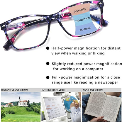 CLASAGA Progressive Multifocus Reading Glasses for Women, Pattern Print Blue Light Block Stylish Ladies Computer Readers