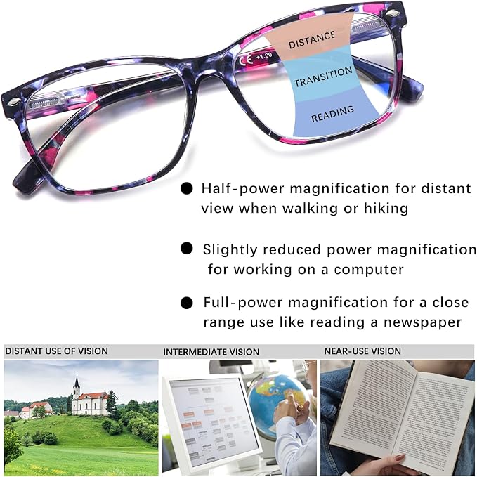 CLASAGA Progressive Multifocus Reading Glasses for Women, Pattern Print Blue Light Block Stylish Ladies Computer Readers