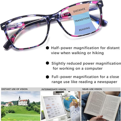 CLASAGA Progressive Multifocus Reading Glasses for Women, Pattern Print Blue Light Block Stylish Ladies Computer Readers