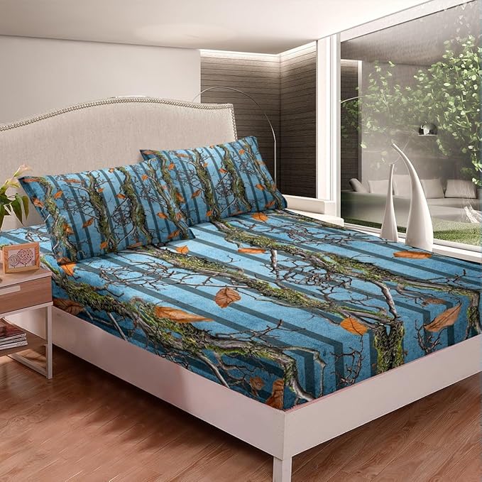 Tree Branches Kids Fitted Sheet Twin Size,Wild Hunting Botanical Leaves Rustic Cabin Bedding Set,Boys Girls Room Decor,Geometric Stripes Patch Bed Cover,Blue Bed Sheet,1 Pillowcase(No Top Sheet)
