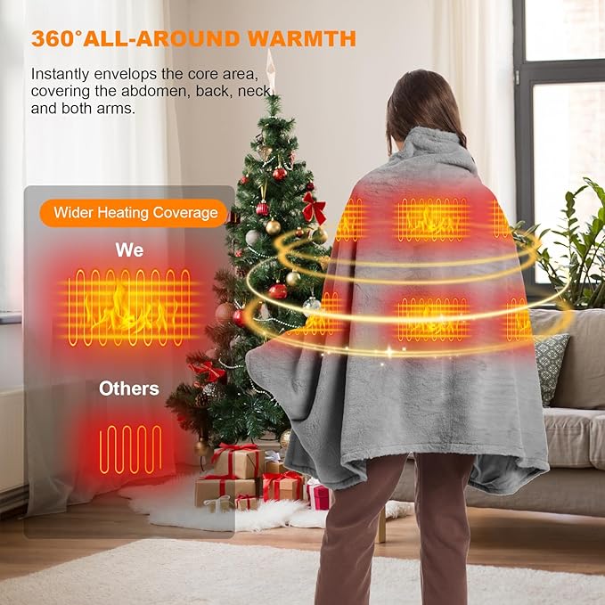 16000mAh Heated Blanket Battery Operated Soft Cordless Heated Blanket Shawl Portable Heated Throw Blanket Poncho Wraps Fast Heating with 3 Heat Levels 6 Heating Zones