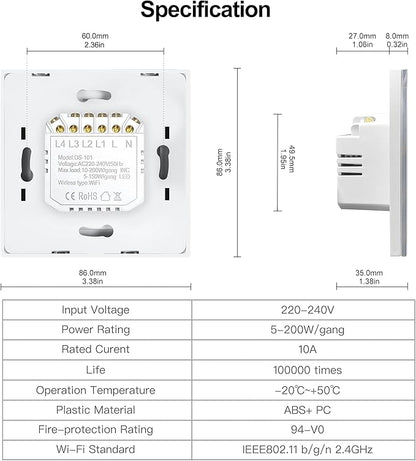 Tuya Smart WiFi Touch Light Switch EU No Neutral Wire Required Compatible with Voice Control White 1 Gang