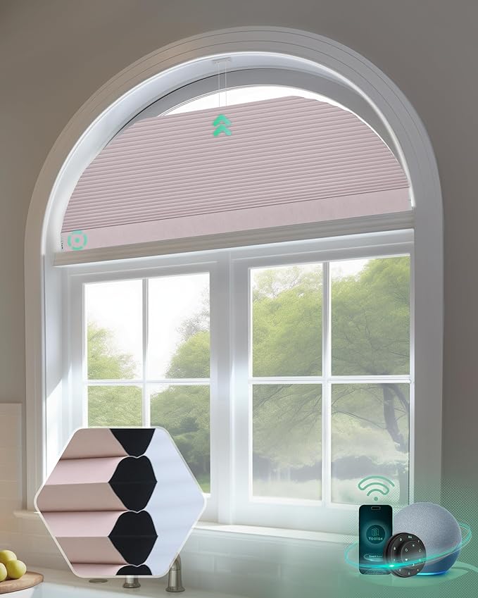 Yoolax Smart Cellular Shades, Motorized Arch Window Honeycomb Blinds Motorized Blinds with Remote Compatible with Alexa, Customized Arched Cellular Shades (Blackout Light Pink)