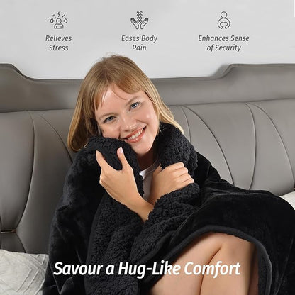 Wemore Sherpa Fleece Weighted Blanket for Adult, 15 lbs Dual Sided Cozy Fluffy Heavy Blanket, Ultra Fuzzy Throw Blanket with Soft Plush Flannel Top, 80 x 87 inches, Black on Both Sides