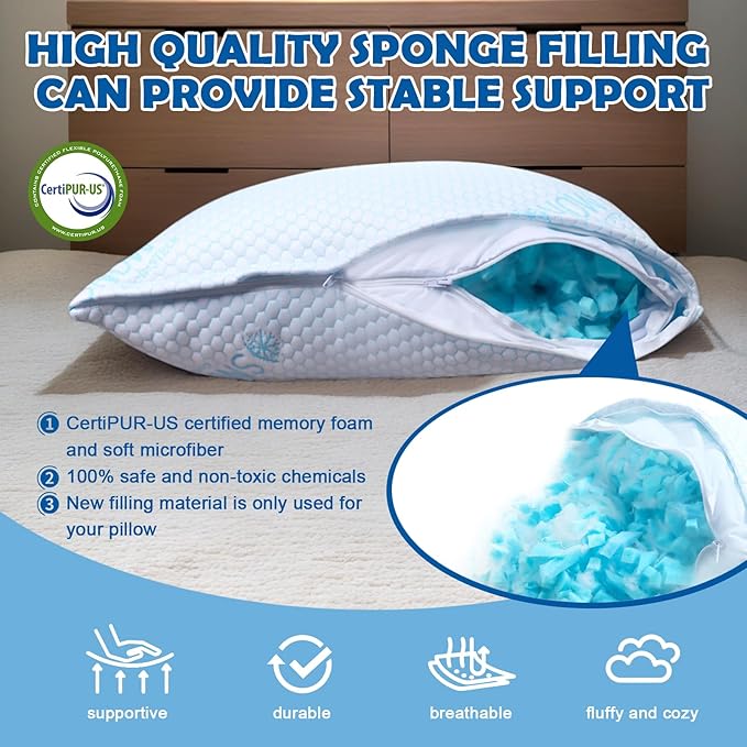 Cooling Pillows King Size Set of 2 - Shredded Memory Foam Cold Pillows That Stay Cold Soft Pillow for Sleeping, Adjustable Bed Pillow for Side, Back, and Stomach Sleepers