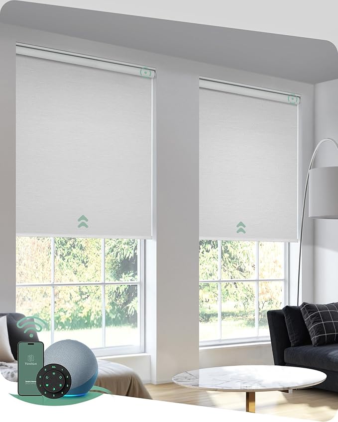 Yoolax Motorized Blinds with Remote, Blackout Smart Blinds for Windows Motorized Roller Shades, Automatic Window Blinds Directly Compatible with Alexa Electric Blinds (Jacquard White, 37" W x 72" H)