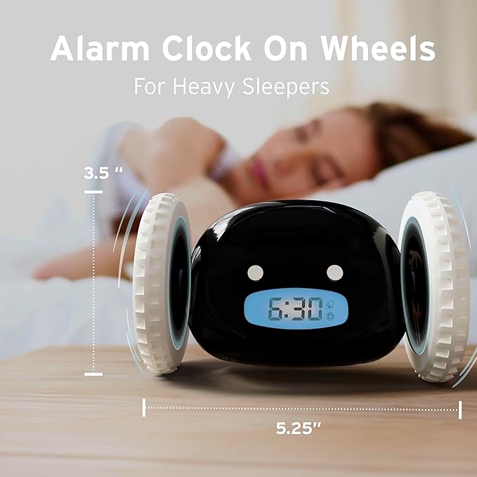 CLOCKY Alarm Clock on Wheels – Loud Rolling Alarm Clock for Heavy Sleepers | Runaway Clock That Jumps & Runs to Wake You Up | Funny Unique Gift for Adults, Teens & Kids Bedrooms (Black)
