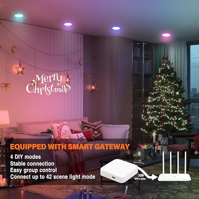 12Pack Smart RGB Recessed Lighting 4Inch,Ultra-Thin Canless LED Downlight,2.4GHz Wi-Fi Bluetooth, 2700K-6500K, 9W 810LM,Work with Tuya App,Alexa,Google Assistant,Sync Music