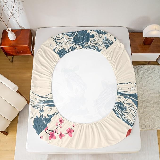 Waves Sheet Set Twin,Koi Cherry Blossom Sunrise Bed Sheet 3pcs with Deep Pocket Fitted Sheet + Flat Sheet + 1 Pillowcase Japanese Art Landscape Romantic Natural Bedding Set for Kids Teens Room Decor