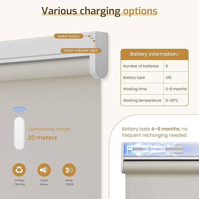 Grandekor Motorized Blinds with Remote Control, Blackout Roller Shade Electric Shades Cordless Smart Blinds for Bedroom Living Room Office,Beige,W34xH72