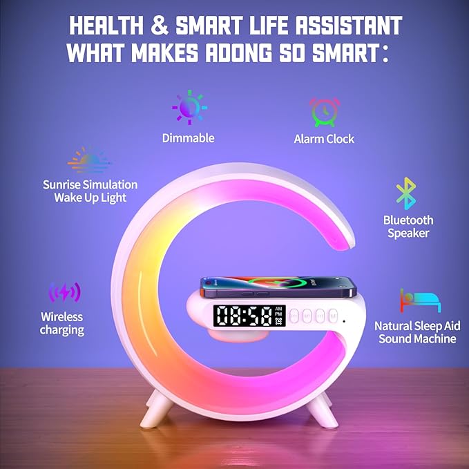 LED Atmosphere Lamp, Mini G Type Charging Ambient Lamp, Bedside Night Smart Light with Alarm Clock, 15W Charger, for Bedroom Home Decoration (Black Plug-in Type)
