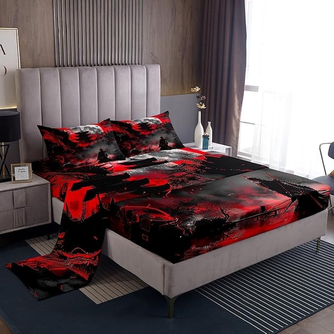 Western Dragon Kids Sheet Set Full Size,Japanese Samurai Japan Ukiyo-e Style Scenery Bedding Set 4pcs,Boys Girls Room Decor,Ancient Animal Red Black Bed Sheet Set 4pcs(Fitted + Flat + 2 Pillowcases)