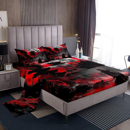 Western Dragon Kids Sheet Set Full Size,Japanese Samurai Japan Ukiyo-e Style Scenery Bedding Set 4pcs,Boys Girls Room Decor,Ancient Animal Red Black Bed Sheet Set 4pcs(Fitted + Flat + 2 Pillowcases)