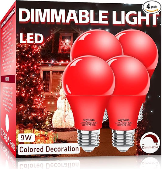 4 Pack A19 LED Red Light Bulbs,120V E26 Red LED Lights 9W Replace up to 100W, Dimmable Colored Light Bulbs for Thanksgiving Day,Porch, Home Lighting, Party Decoration