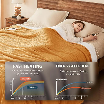 Homemate Electric Heated Blanket Queen Size - 84"x90" Heating Blanket Queen Size Dual Control 1/2/4/6/8 Hours Auto-Off 10 Heat Level Over-Heat Protection Flannel Sherpa ETL Certification
