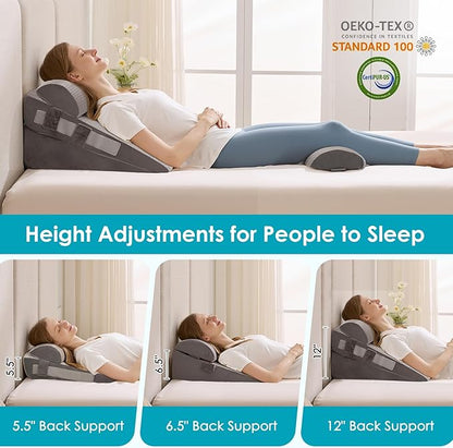 4Pcs Wedge Pillow Set for After Surgery,Acid Reflux Relief, Adjustable Bed Wedge Pillows for Sleeping,Anti Snore, Memory Foam Triangle Pillow for Back&Neck&Shoulder Pain Relief, Grey