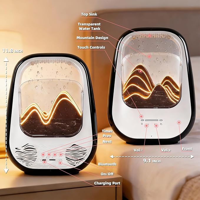 8-in-1 White Noise Sound Machine with Night Light, Help Stress Relief, Waterfall Design Essential Oil Diffuser Rain Sound Machine with Humidifier for Bedroom Office Decor Gift, Black