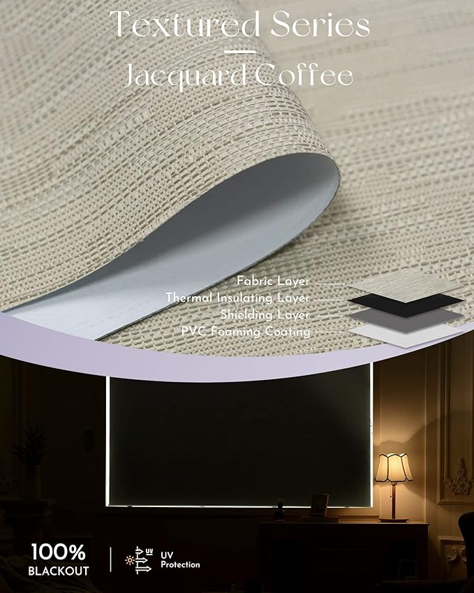 Graywind Motorized Roller Shade 100% Blackout Compatible with Alexa Google Smart Home Control Hardwired Window Shades Thermal Insulated Cordless Window Blinds, Customized Size (Jacquard Coffee)