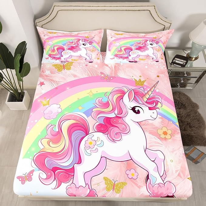 Manfei Cartoon Unicorn Kids Fitted Sheet Queen Size,Rainbow Cloud Dreamy Bedding Set,Girls Women Room Decor,Butterfly Flowers Cute Down Fitted Sheet,Pink Bed Sheet,2 Pillowcases