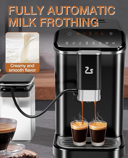 Fully Automatic Espresso Machine, Espresso & Coffee Machine with Automatic Milk Frother, Built-In & Adjustable Espresso Bean Grinder, Touch Screen Coffee Machine with 1.5 L Water Tank