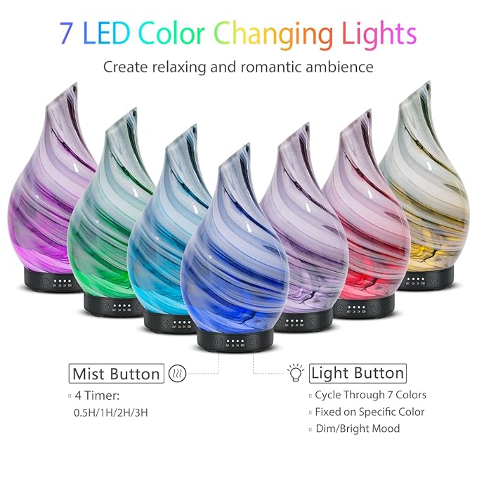 Oil Diffuser & Essential Oils Set - Aromatherapy Diffuser with 6 Essential Oils Set, Ultrasonic Cool Mist Oil Diffusers for Essential Oils, 4 Timer & 7 LED Light, with Auto Shut-Off Protection Gifts