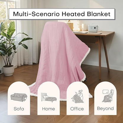 Electric Heated Blanket Twin Size 62"x84" - Dual-Sided with Microplush & Sherpa Fabric, 4 Heat Settings & 10 Hours Auto Off, Machine Washable - Light Pink